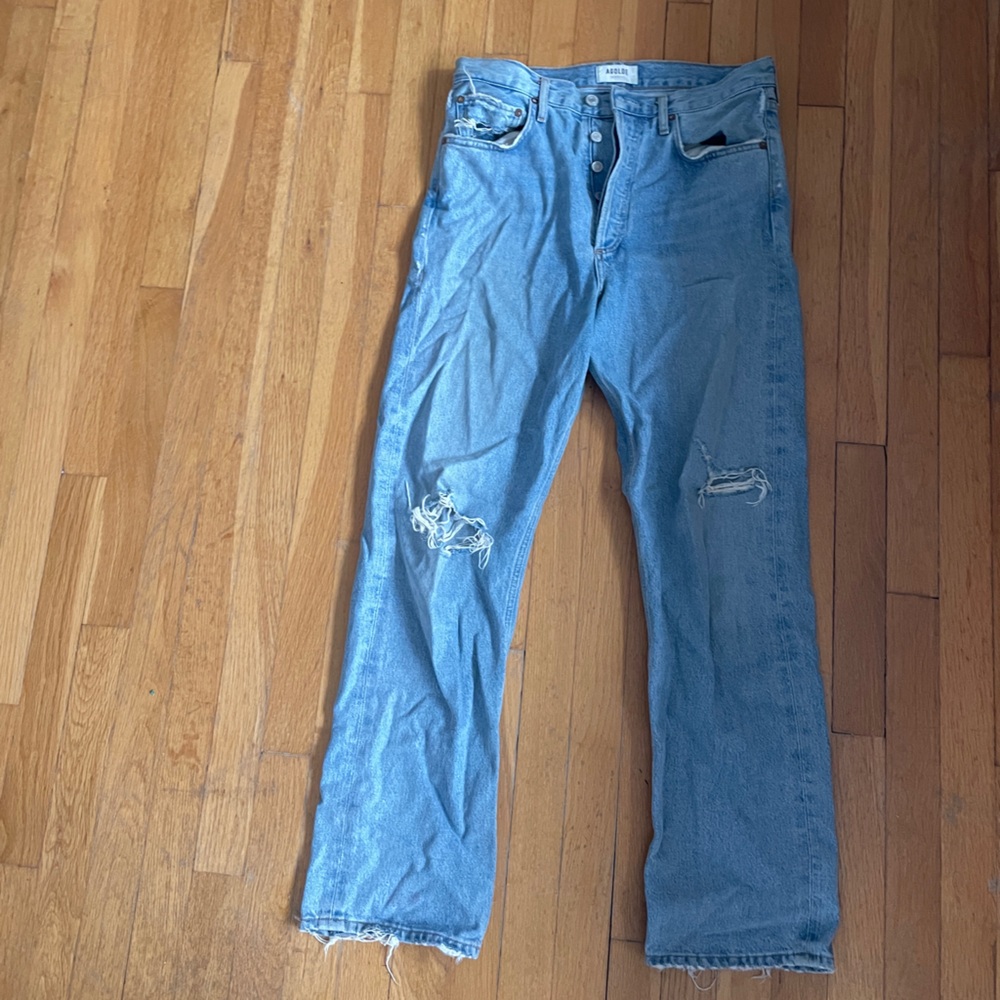 Agolde, lightly distressed, light wash, high waisted, straight cut jean.